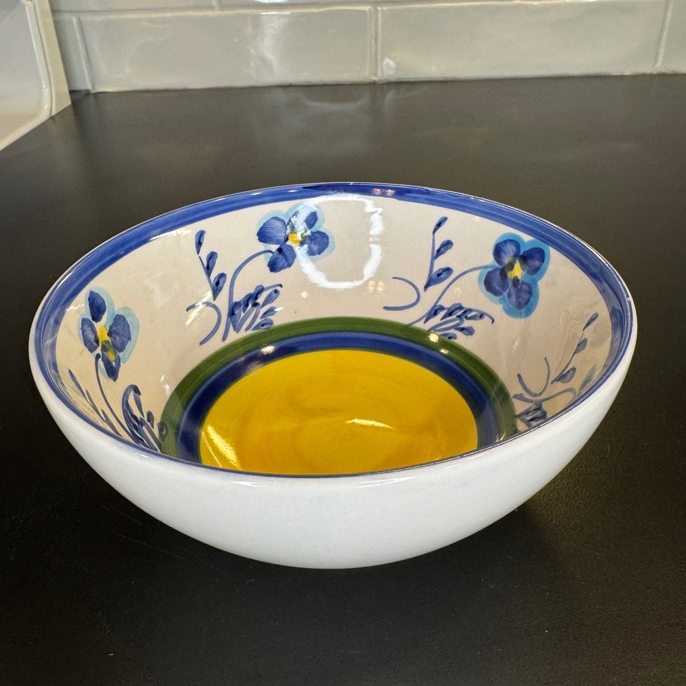 Alco Industries Floral Bowl Small 6" White Blue Yellow Hand Painted Pansy